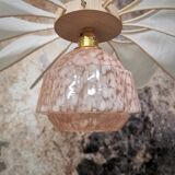 Flower pendant light 12 petals in linen and rattan with glass globe of Clichy