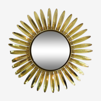 Miroir soleil feuille vintage en métal doré année 70 45cm
