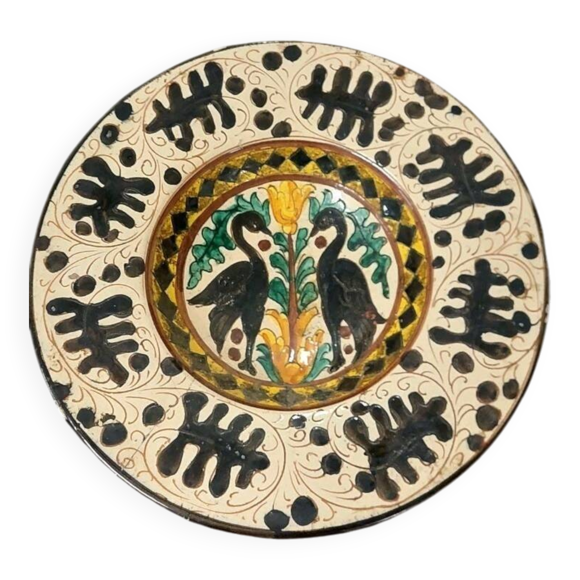 Ceramic plate with graffito stylised birds in the Pesaro Faenza style, early 1900s.