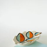 Ceramic catchall, leaf shape, orange and blue, psychedelic, 1970.