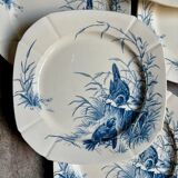 6 blue ironstone flat plates from Gien, "Birds" service, circa 1870, no. 1