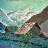 Ancient painting, mountain landscape, signed and dated 73