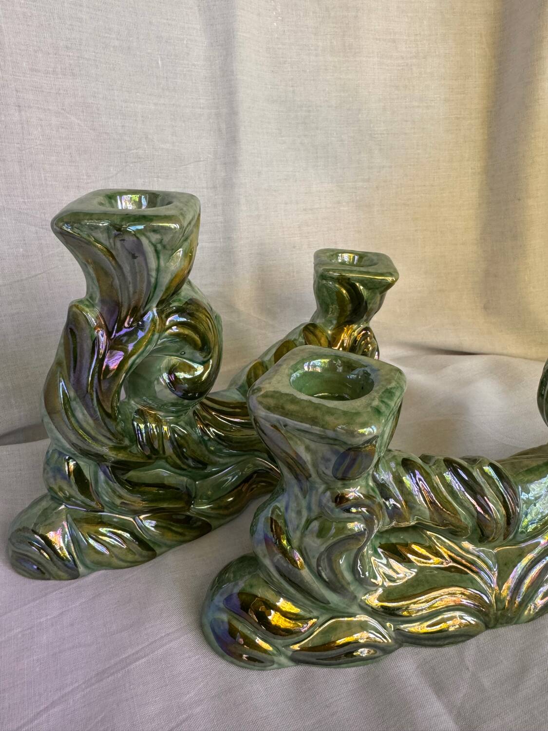 Lot de 2 bougeoirs doubles en céramique années 1930 Hubert Bequet