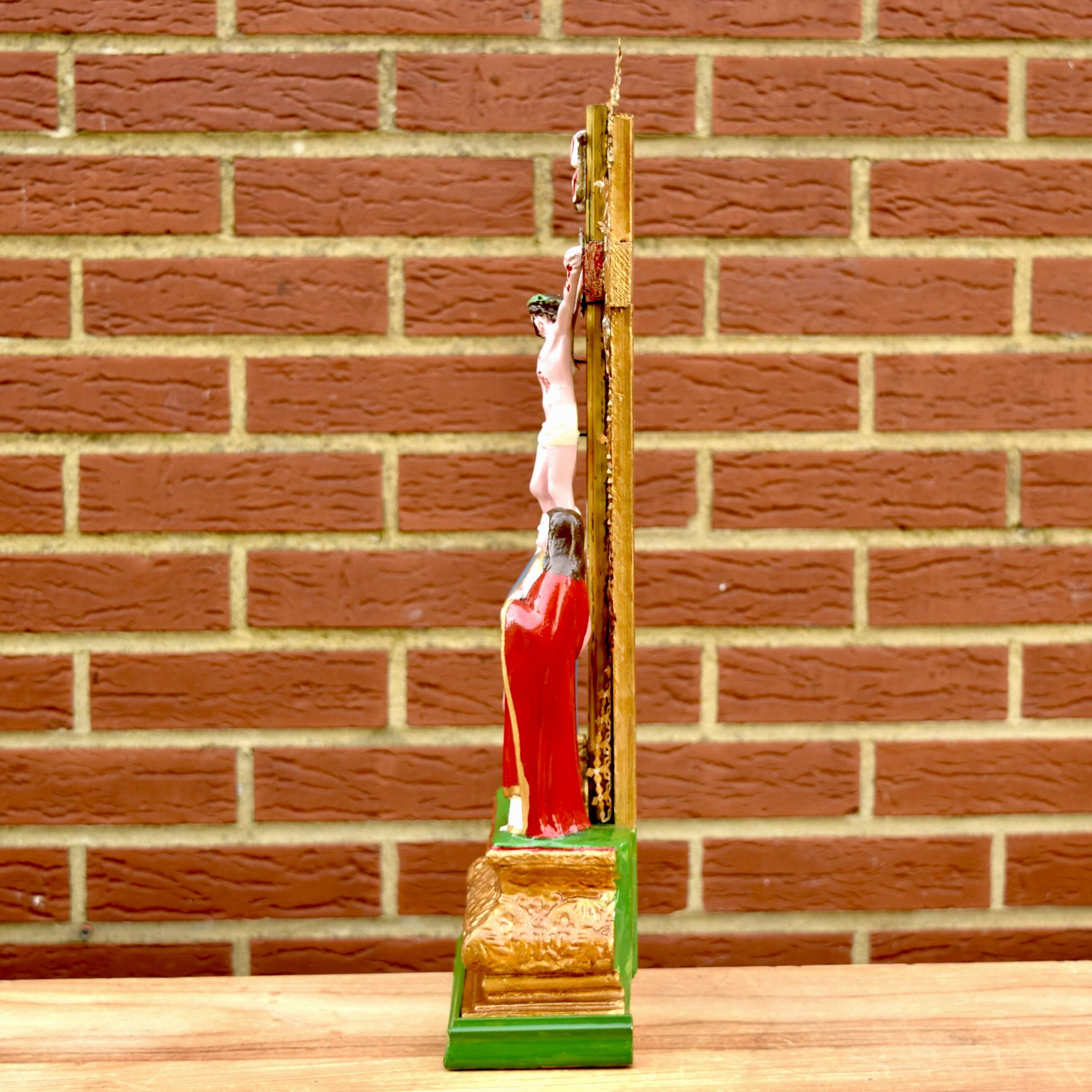 Vintage statuette Jesus on the Cross surrounded by Mary and John