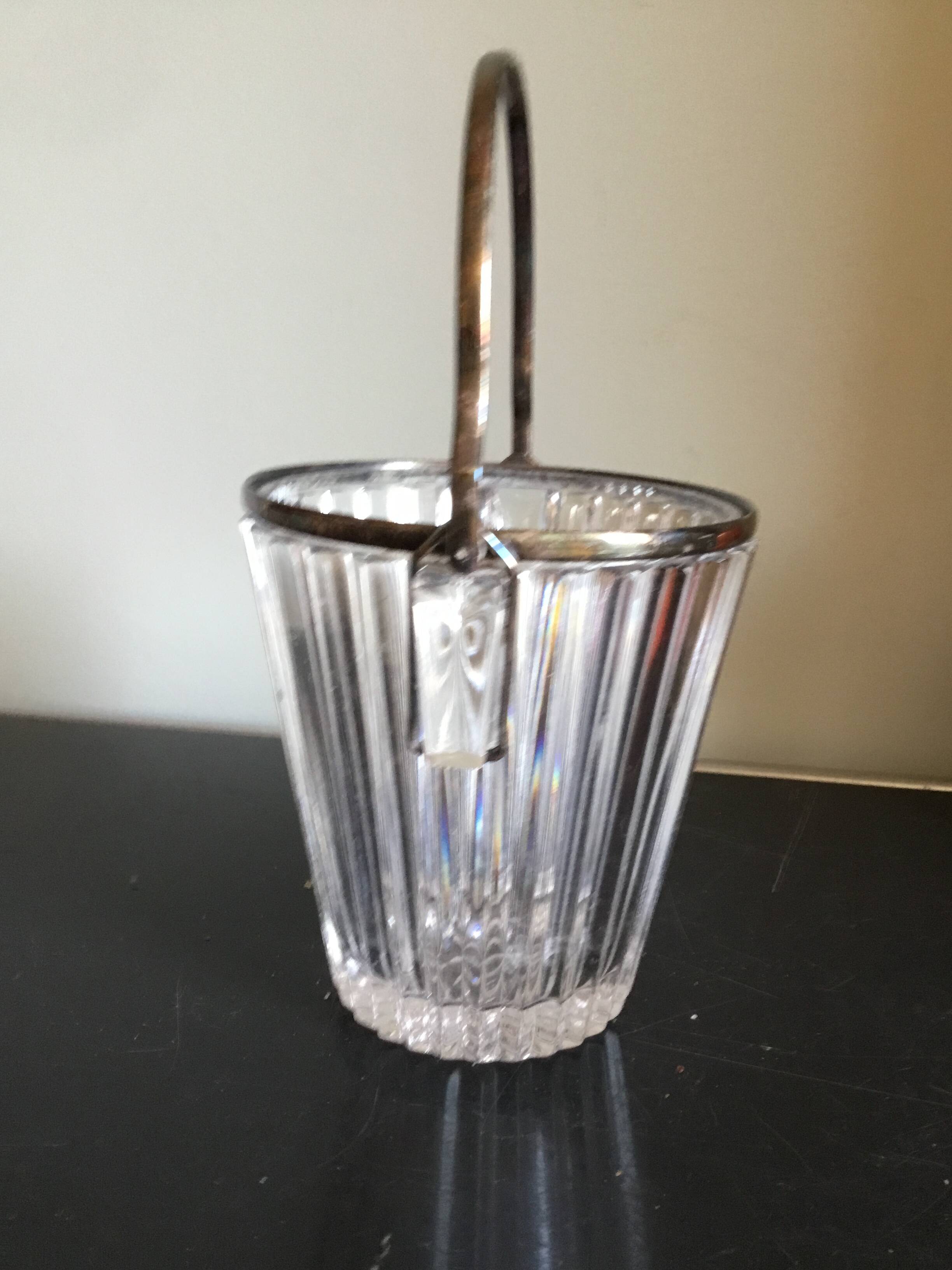 Crystal ice bucket with silver-plated handle
