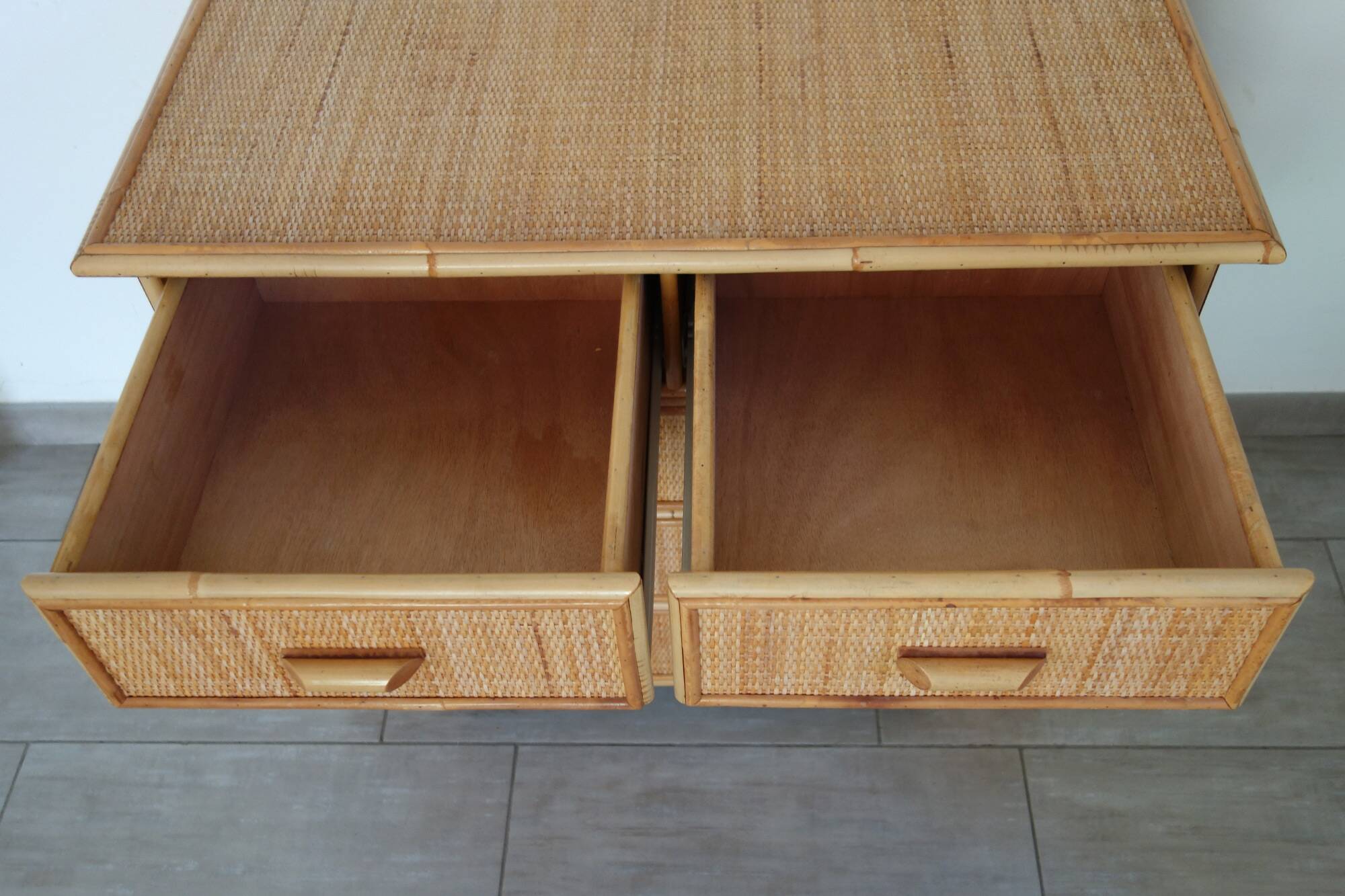 Chest of drawers with 5 wicker and bamboo drawers, 70s/80s.