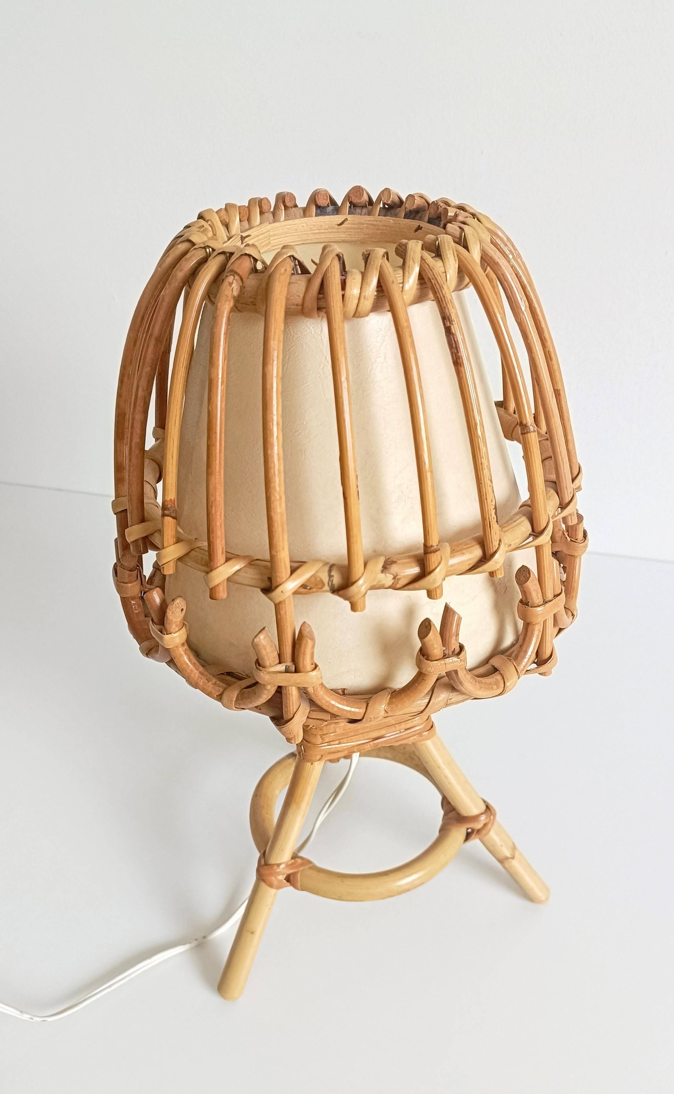 Midcentury Bamboo and Rattan Table Lamp, Attributed to Louis Sognot