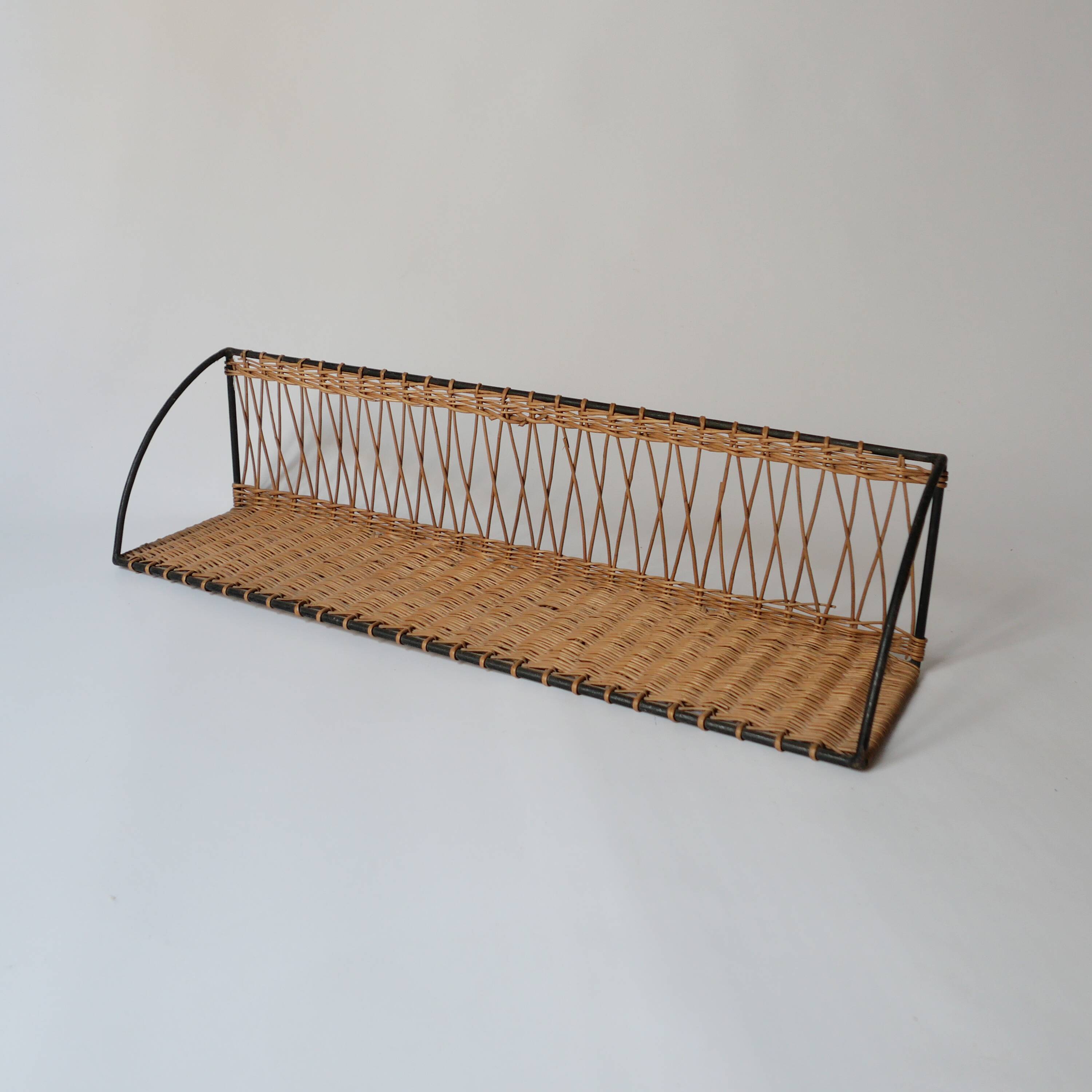 Vintage metal and wicker wall shelf, 1950s-1970s design, Mategot