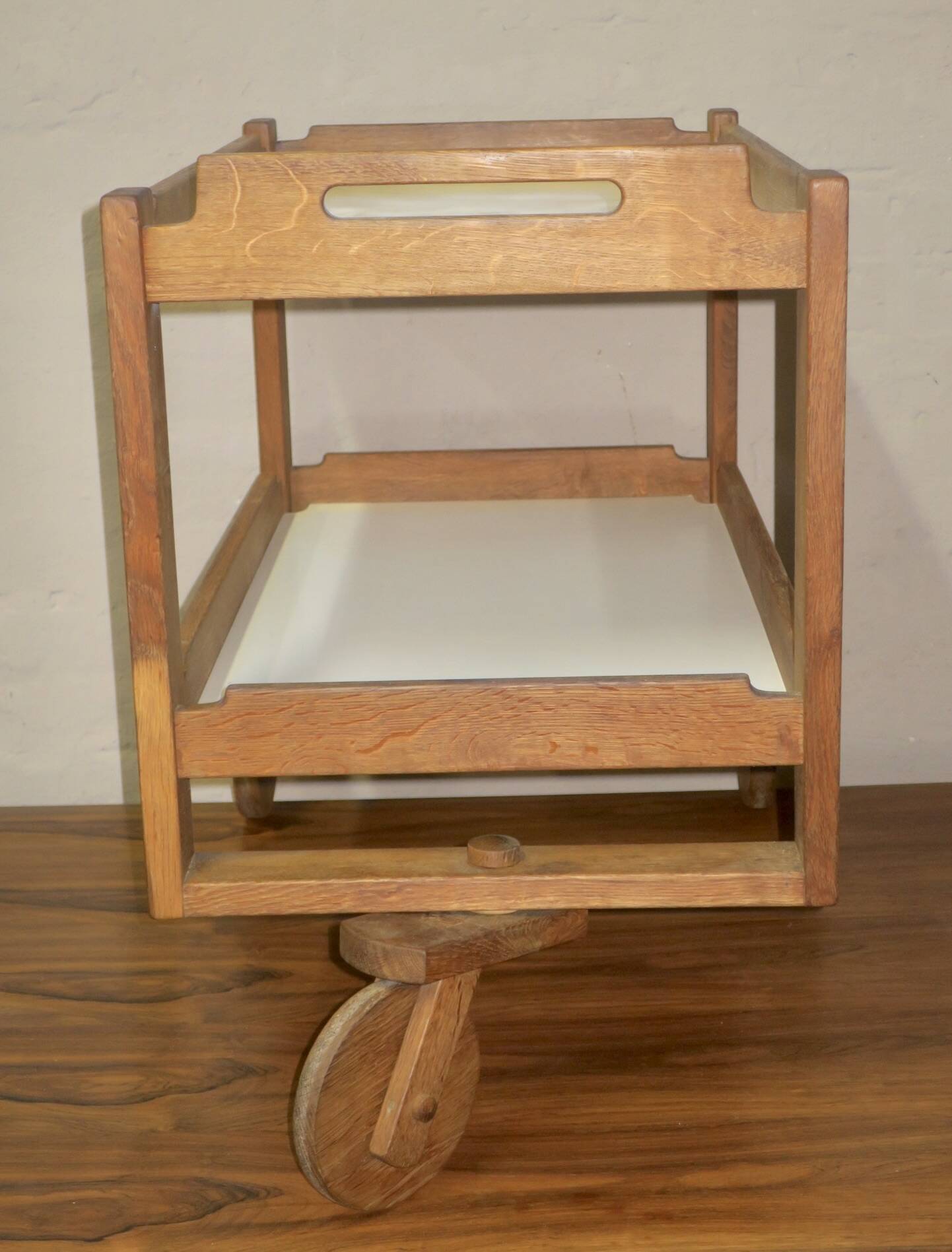 Brutalist Scandinavian bar cart / serving trolley in solid oak, 1950s