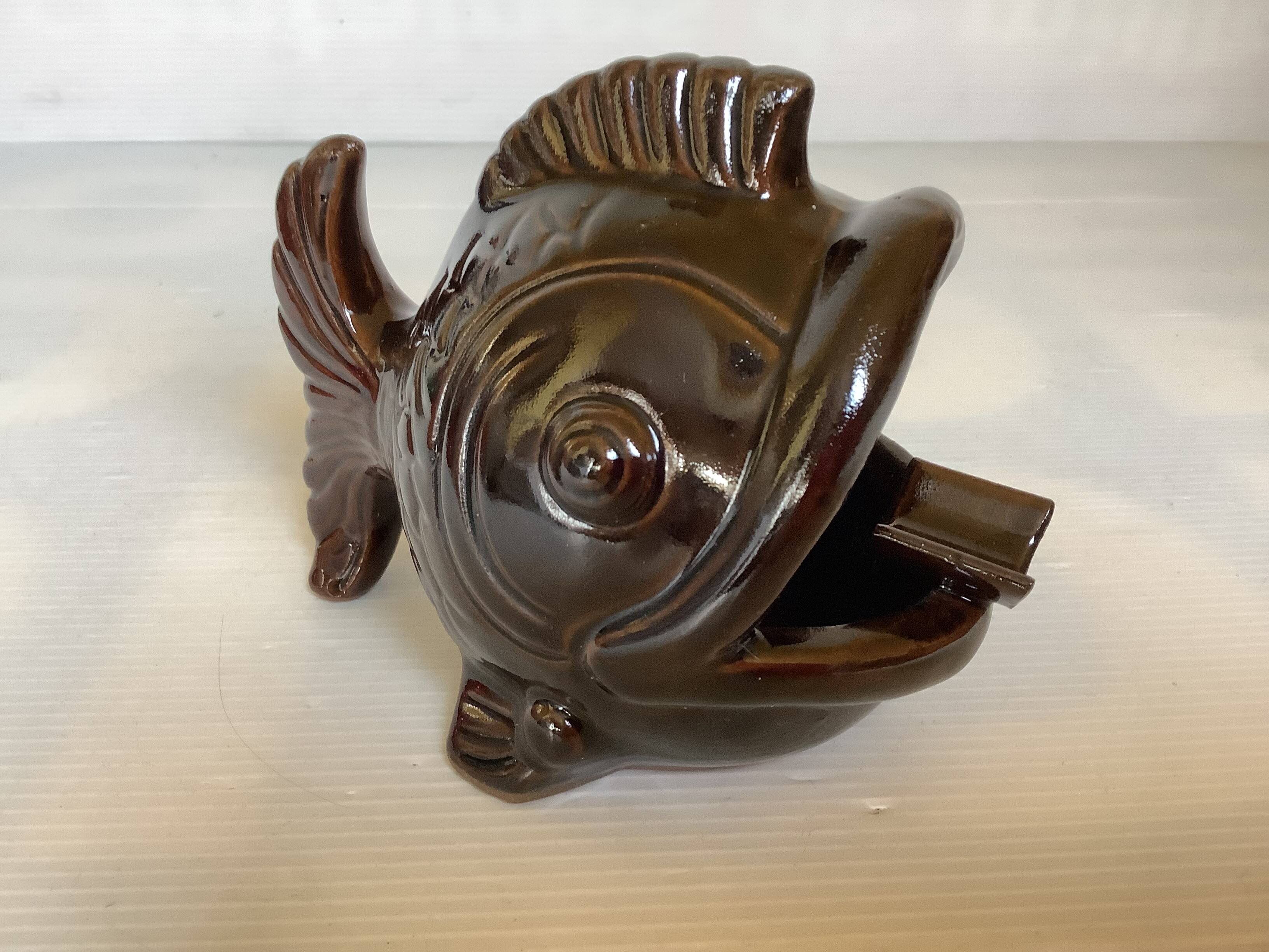 Brown ceramic fish ashtray