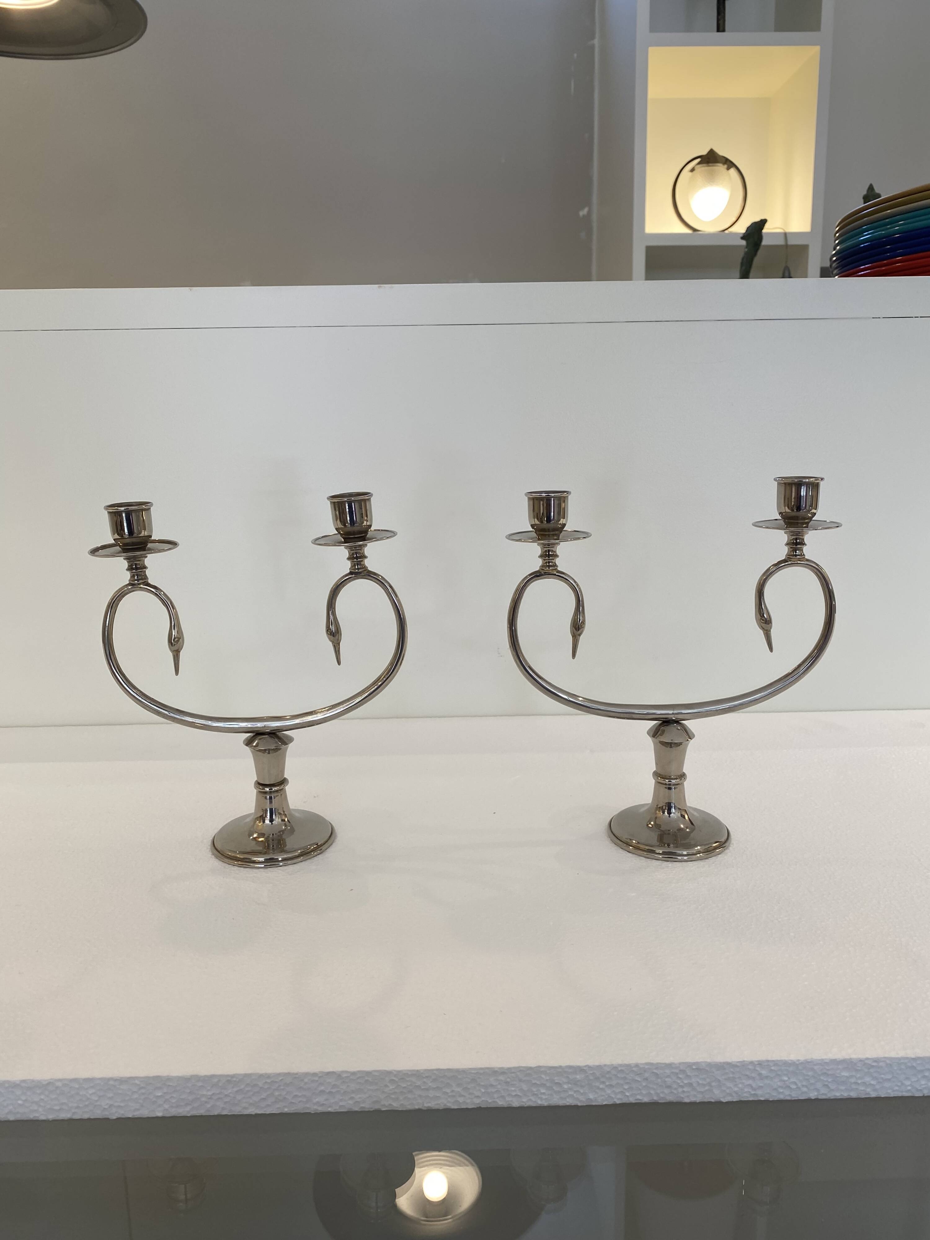 Silver Plated Pair Double Swan Candelabra Candleholders Sculptural 1970s