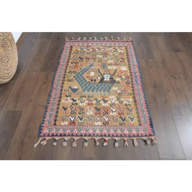 Shahmaran Motif Vintage Turkish Handmade Orange Kilim Rug  94x146
