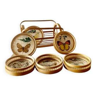 Set of 6 vintage bamboo coasters in their basket - butterflies decor