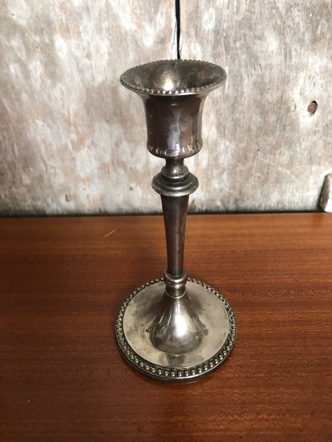 Old pair of silver metal candlesticks vintage pearl rank