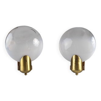 Pair of vintage wall lights in wood, brass and oval two-tone glass 1970s