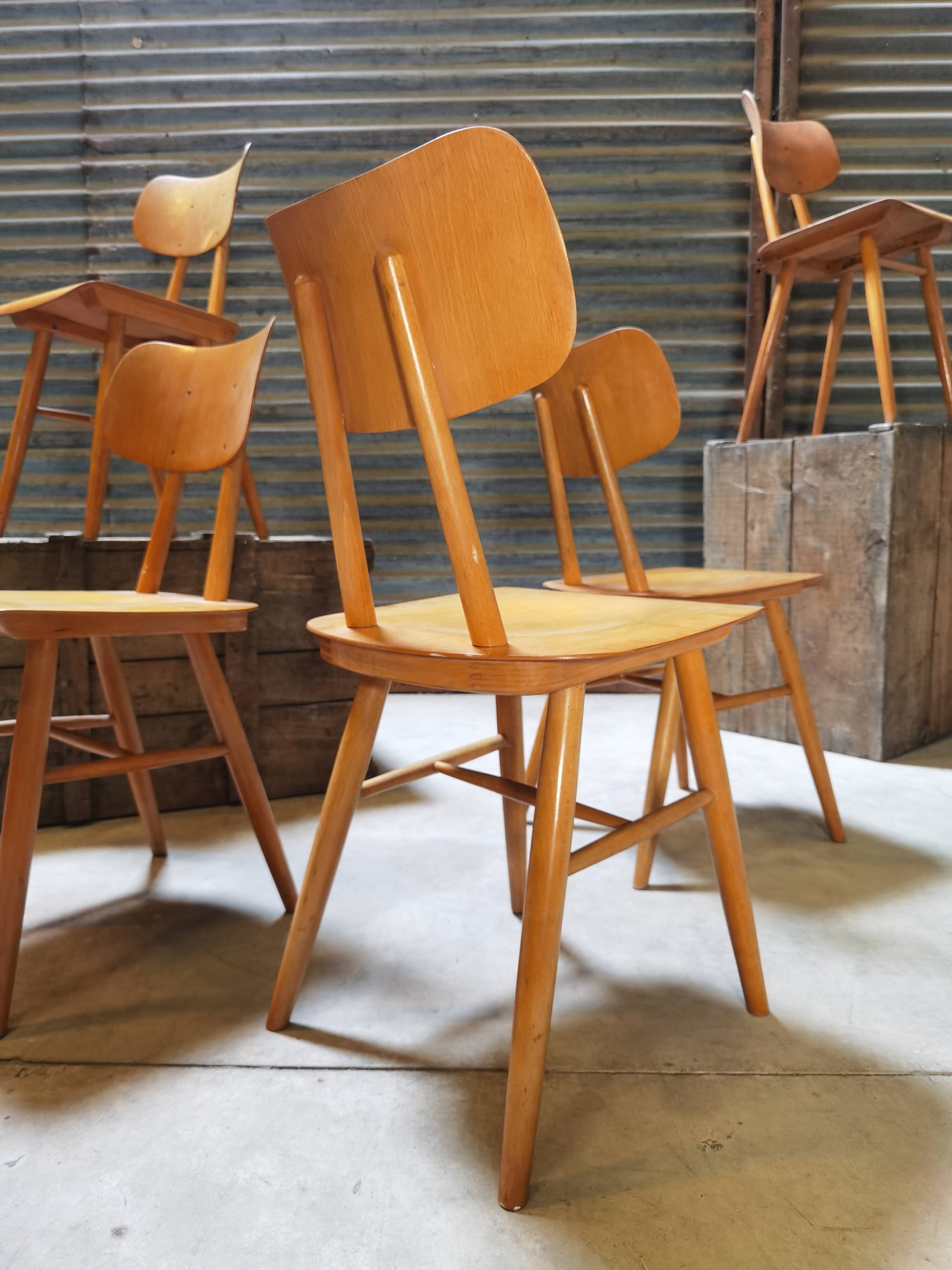 Set of 5 all-wood chairs published by Ton 1960