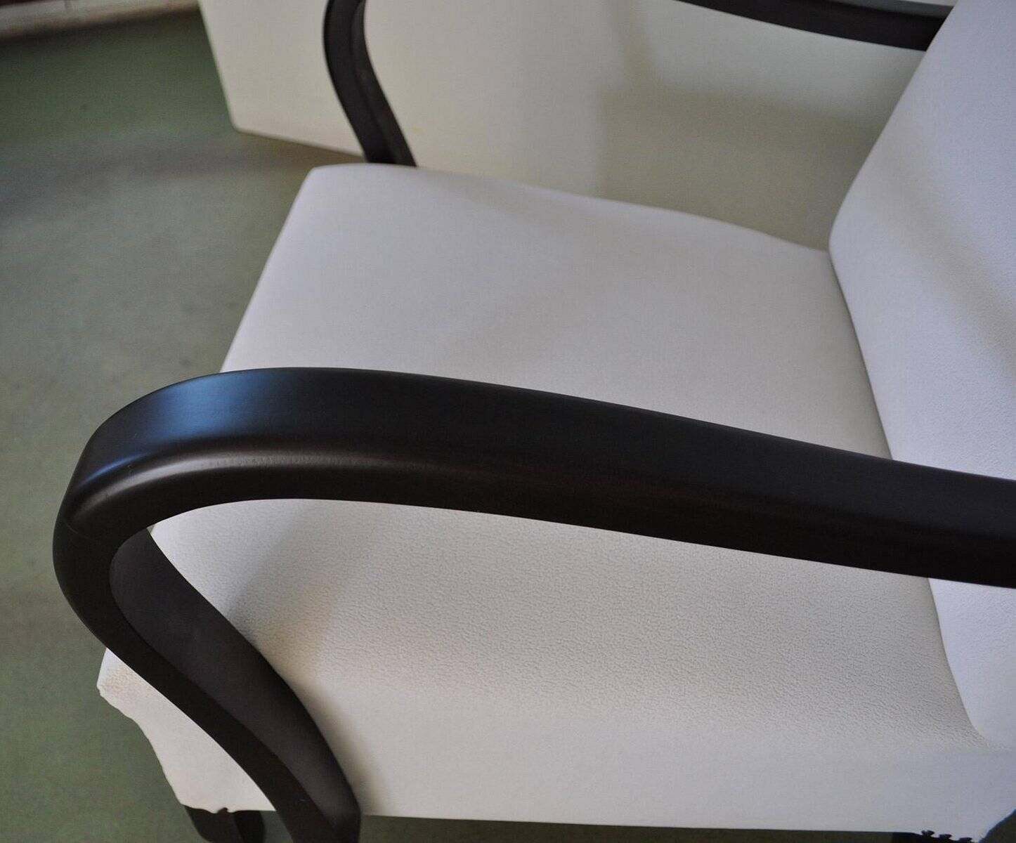Ivory Art Deco armchair in fabric and dark wood, high back, 1920s-1930s.