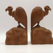 Unusual Pair of Vintage Hand-Carved Vulture on a Rock Wooden Bookends