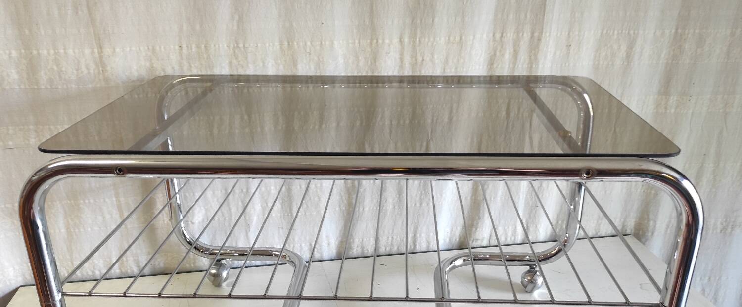 Coffee table tubular chrome structure and smoked glass - 1970s