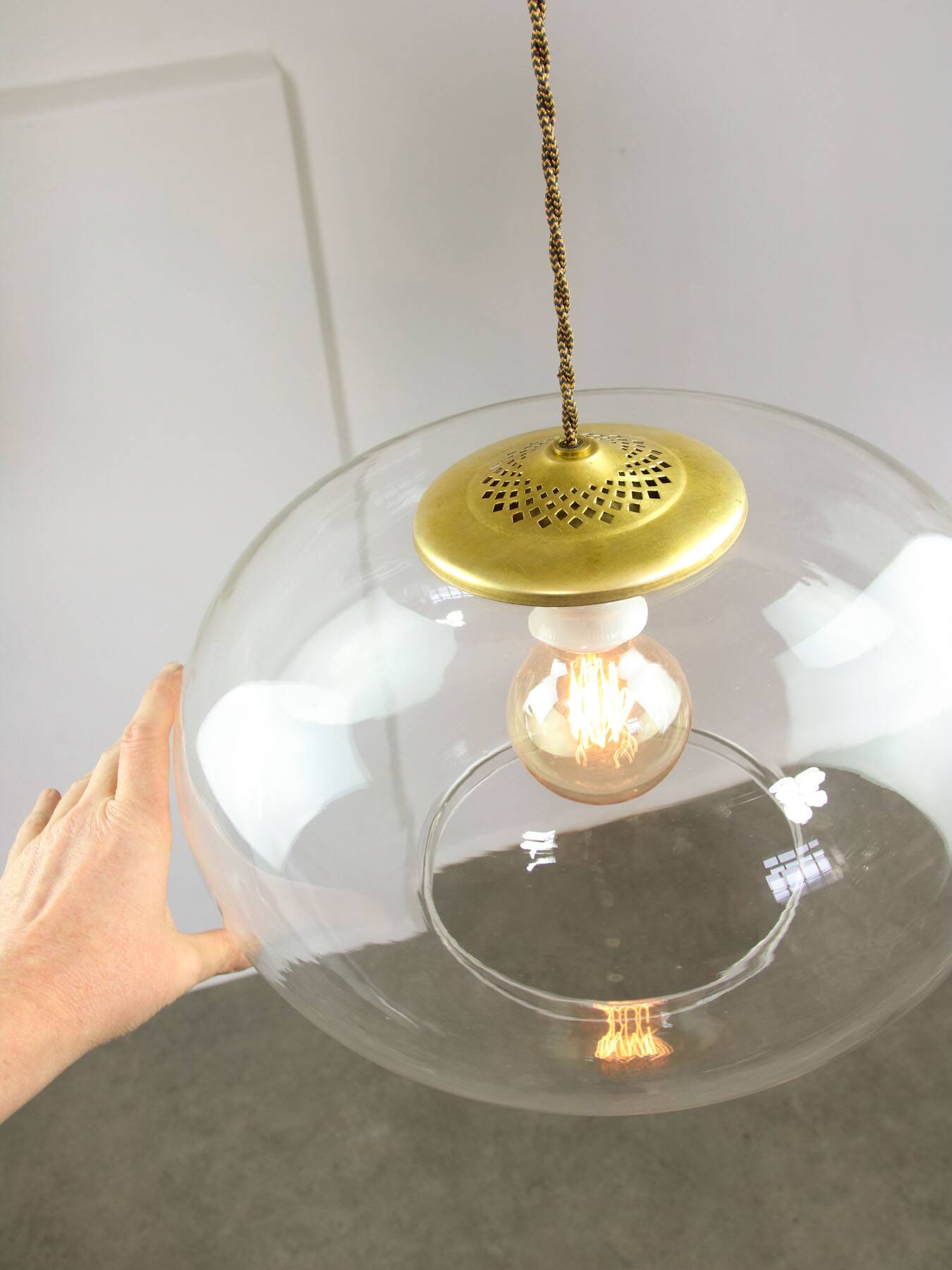 Italian Mid-Century Glass and Brass Pendant Lamp