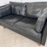 Vintage retro danish mogens hansen 2 person black leather sofa