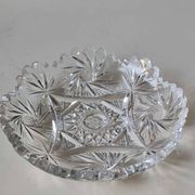 Vintage pocket tray in cut Bohemian crystal. Sophisticated star/brass patterns. Stylish Czech Boho