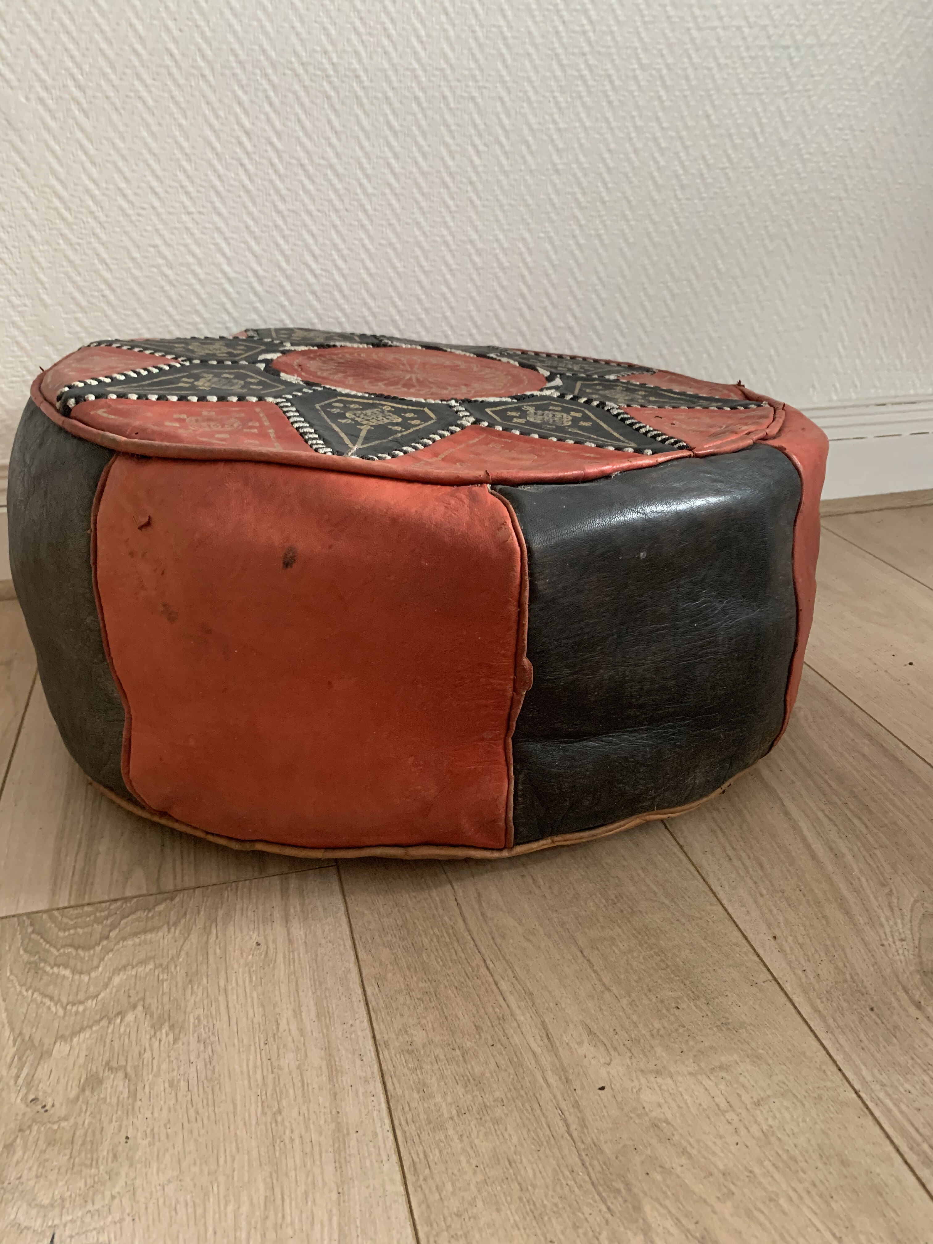 Vintage Moroccan leather pouf