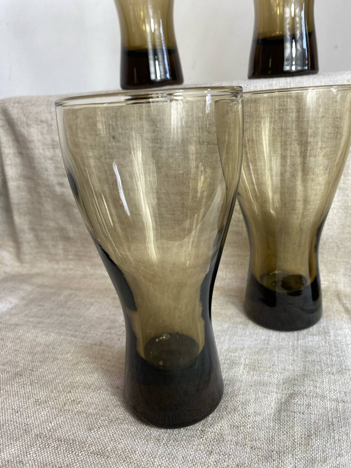 Six smoky glass soda glasses, Luminarc, 1970s.