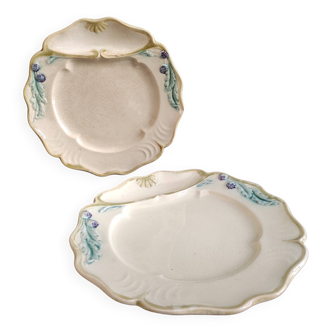 Lot de 2 assiettes anciennes à fondue ou à artichauts en majolique française