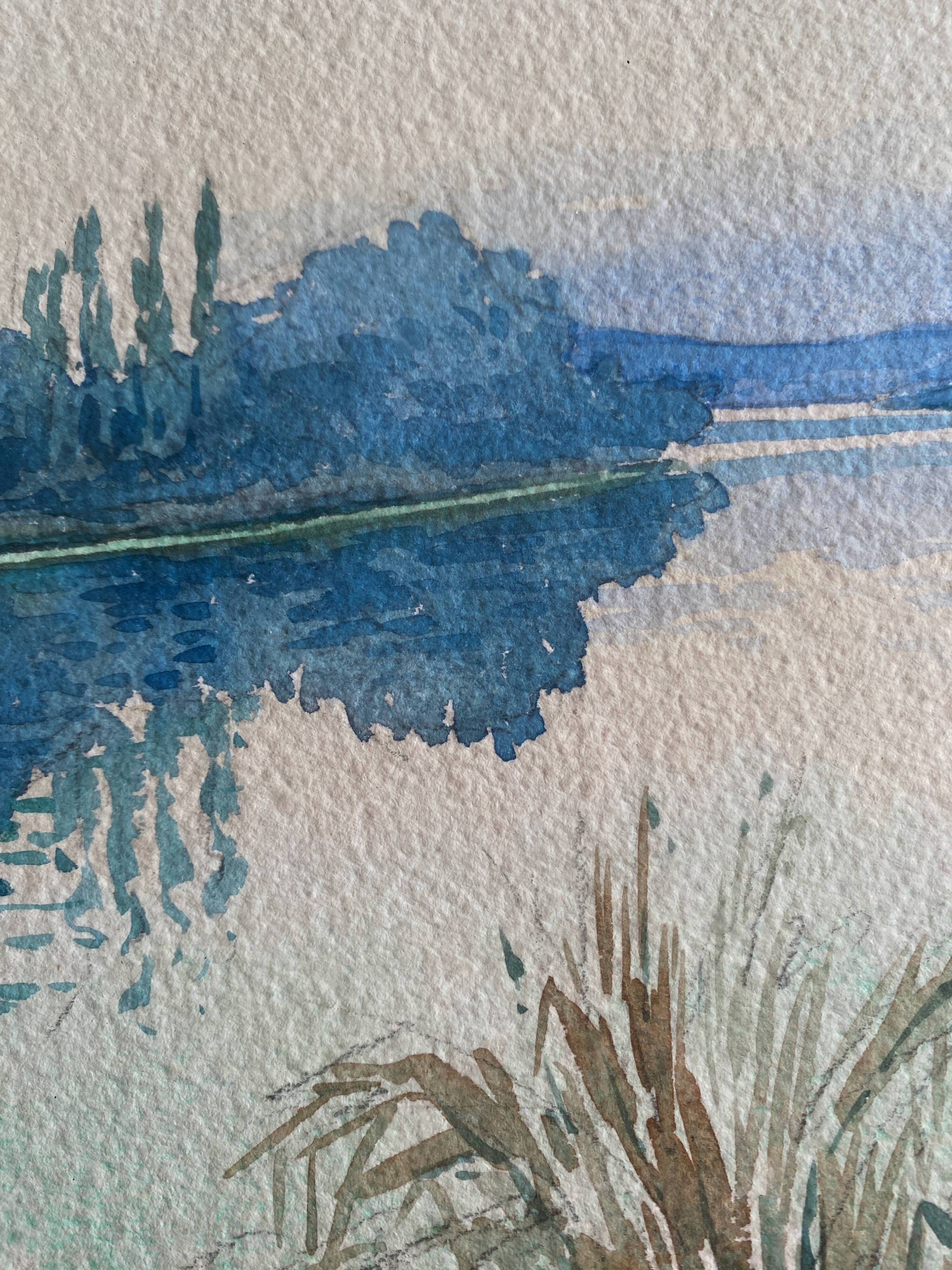 Watercolor Painting "Landscape at the River" circa 1920 + frame