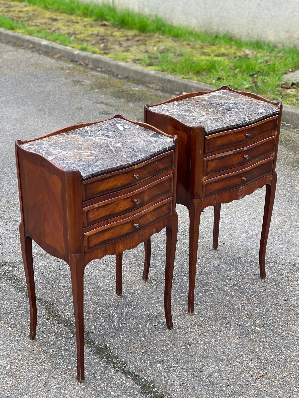 Pair of Louis XV bedside tables, early 20th century, marquetry and marble