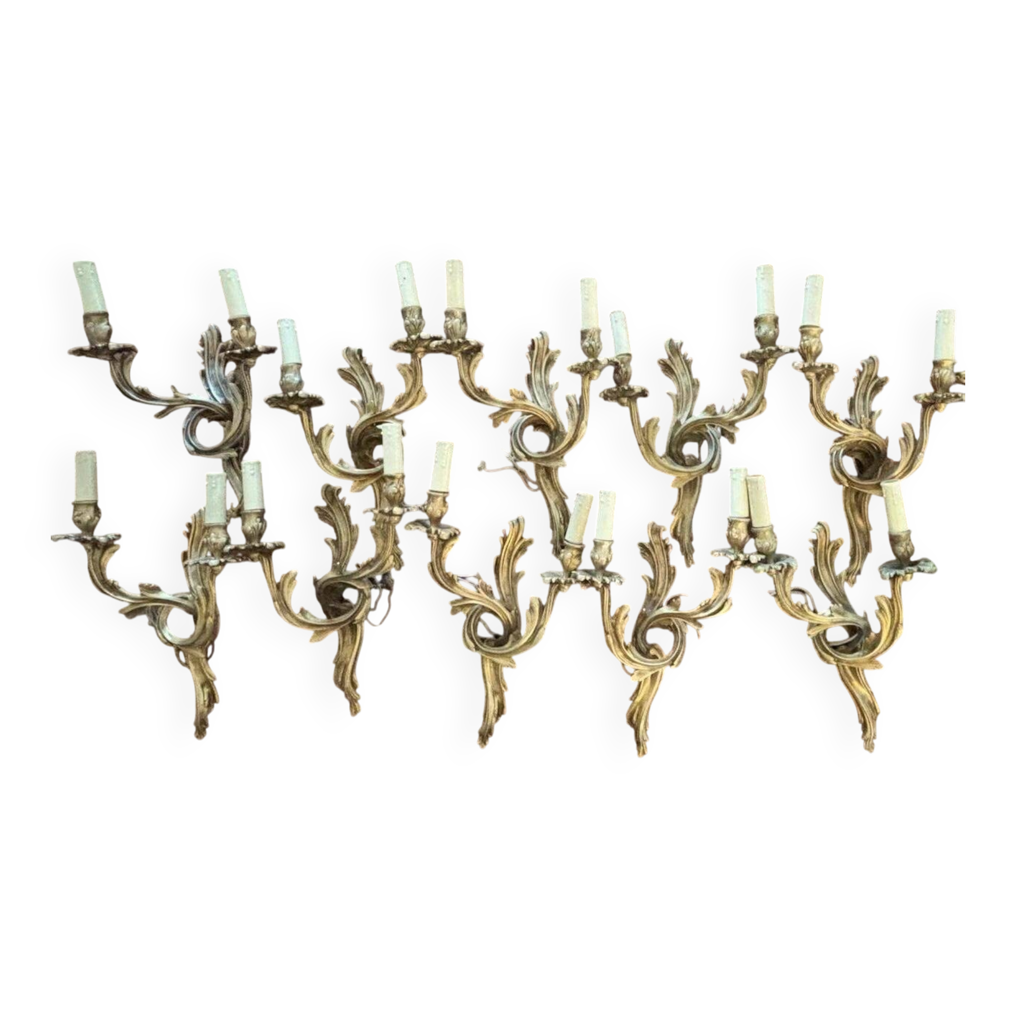 Set of 5 pairs of Louis XV style gilt bronze wall lights + bulbs