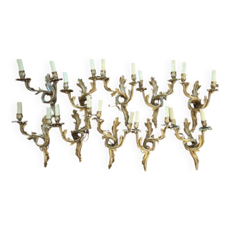 Set of 5 pairs of Louis XV style gilt bronze wall lights + bulbs