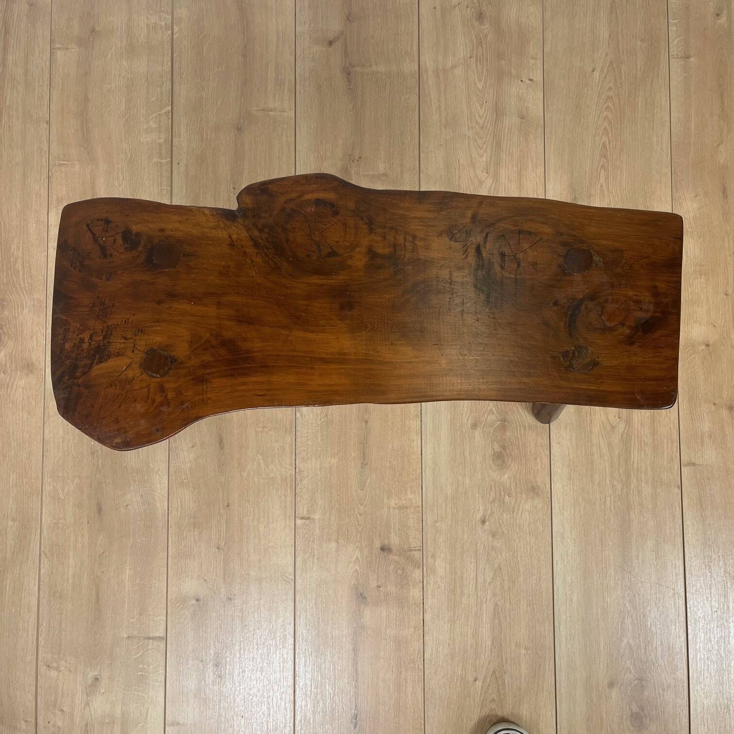 Rustic bench in solid elm, wabi-sabi style, mid-20th century.