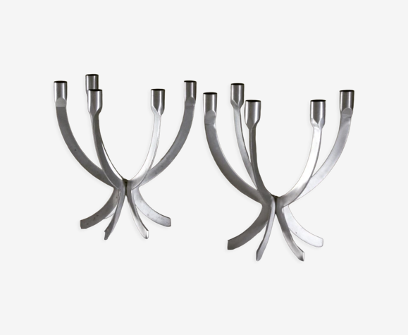 Paire de chandeliers en aluminium brossé 1970s