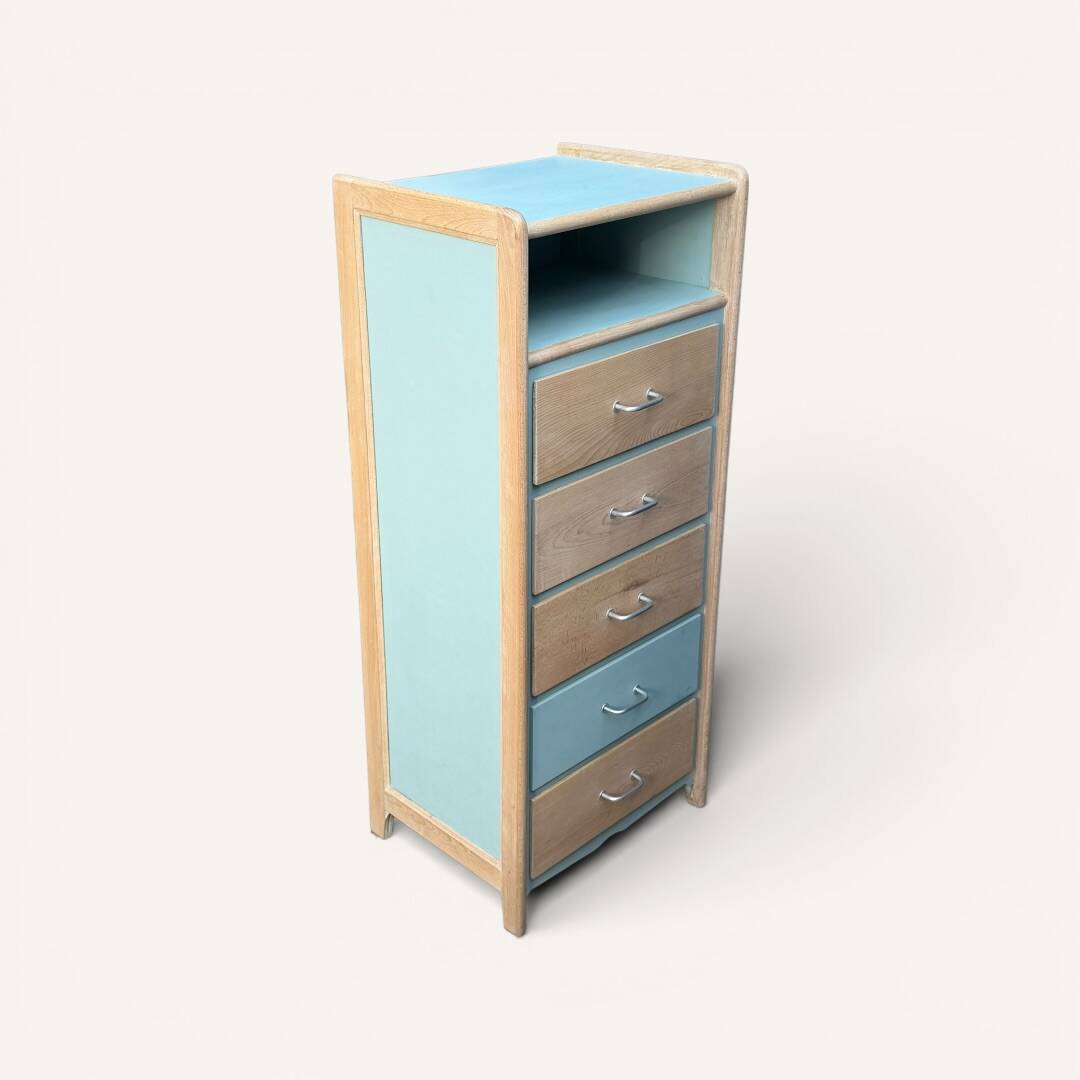 Vintage tall chest of drawers in raw wood and grey-blue from the 1950s.