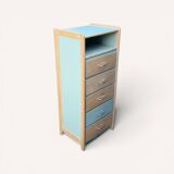 Vintage tall chest of drawers in raw wood and grey-blue from the 1950s.