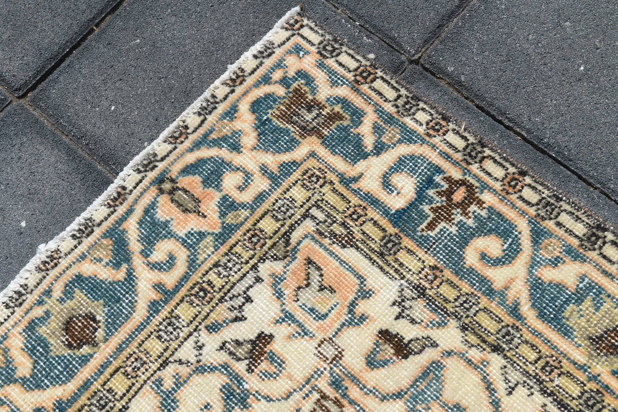 Tapis Turc Vintage Oushak, Couloir Pêche Bleu, 120x194 Cm