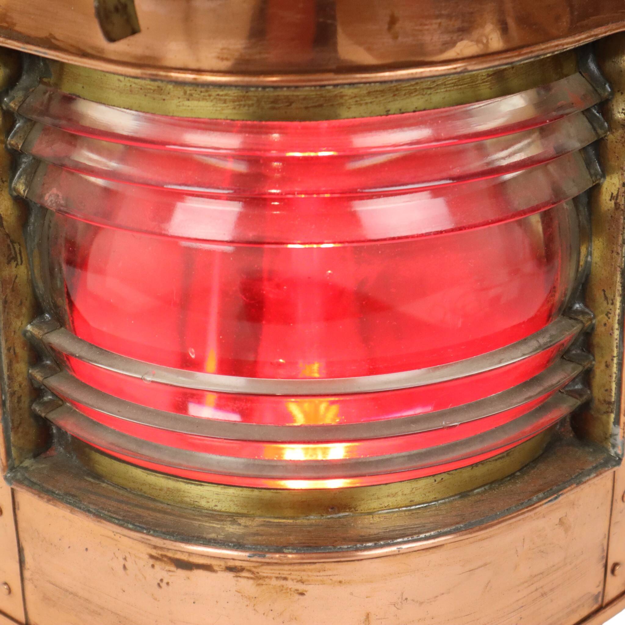 Large Vintage Ship's Lamp Red Copper Fresnel Lens 49cm