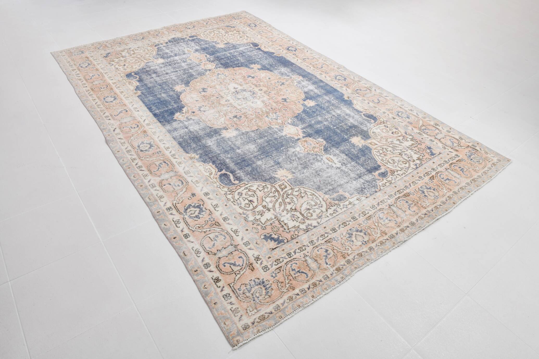 7x11 Soft Beige & Blue Wool Vintage Rug For Living Room, 210x324 Cm