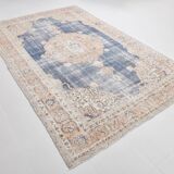 7x11 Soft Beige & Blue Wool Vintage Rug For Living Room, 210x324 Cm