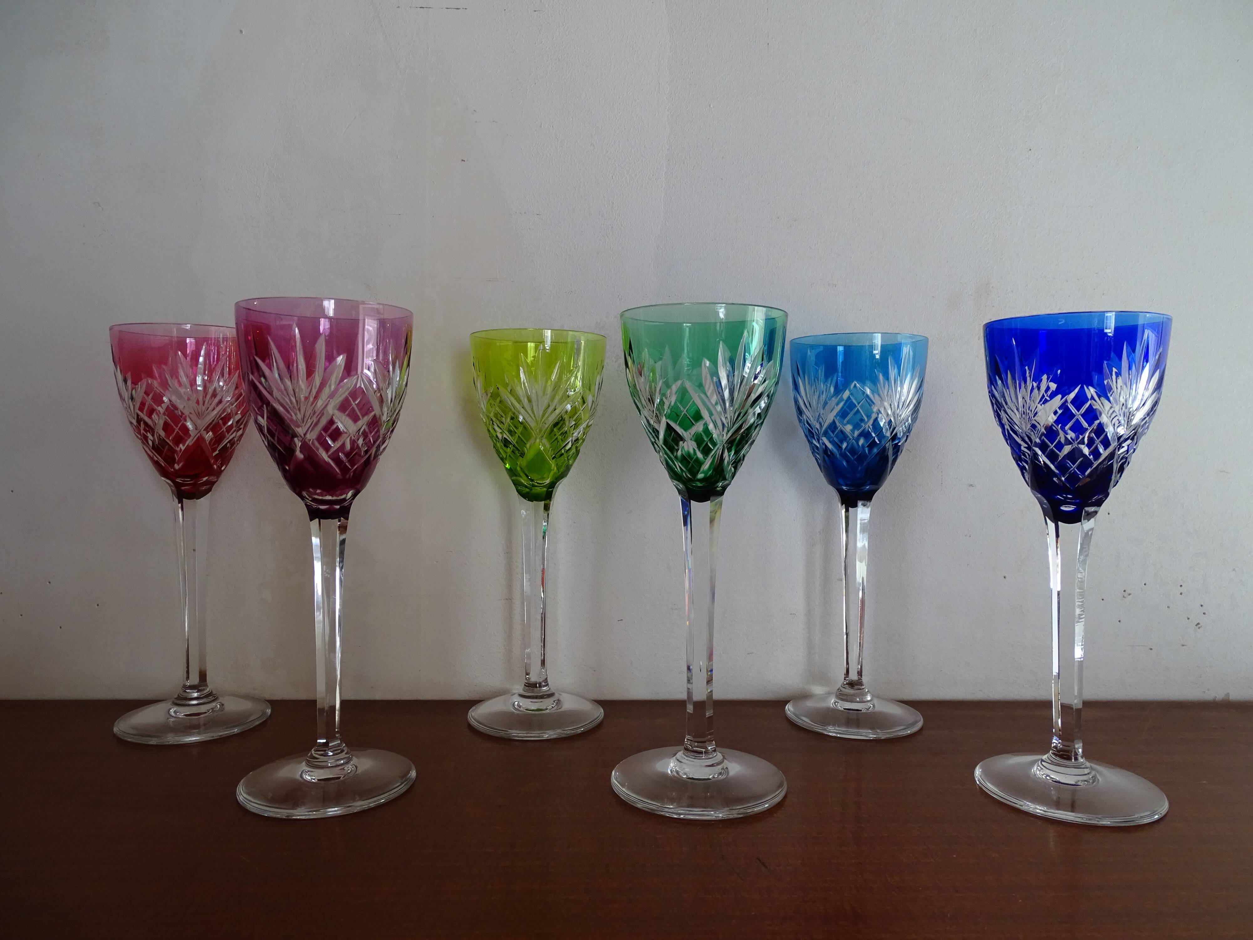 6 Roemer Saint Louis wine glasses in colored lined cut crystal signed