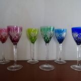 6 Roemer Saint Louis wine glasses in colored lined cut crystal signed