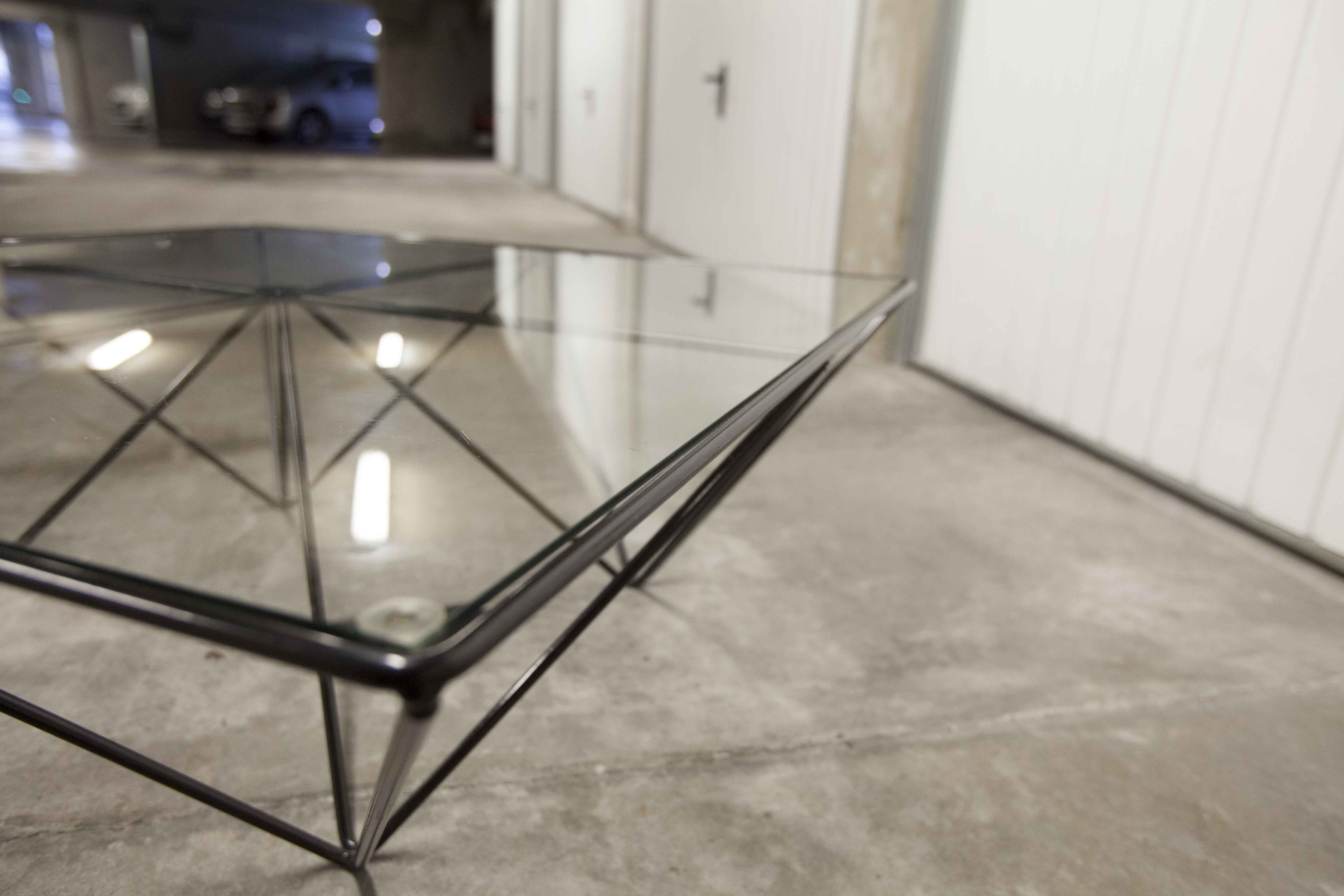 Square coffee table in glass and black satin metal 1980
