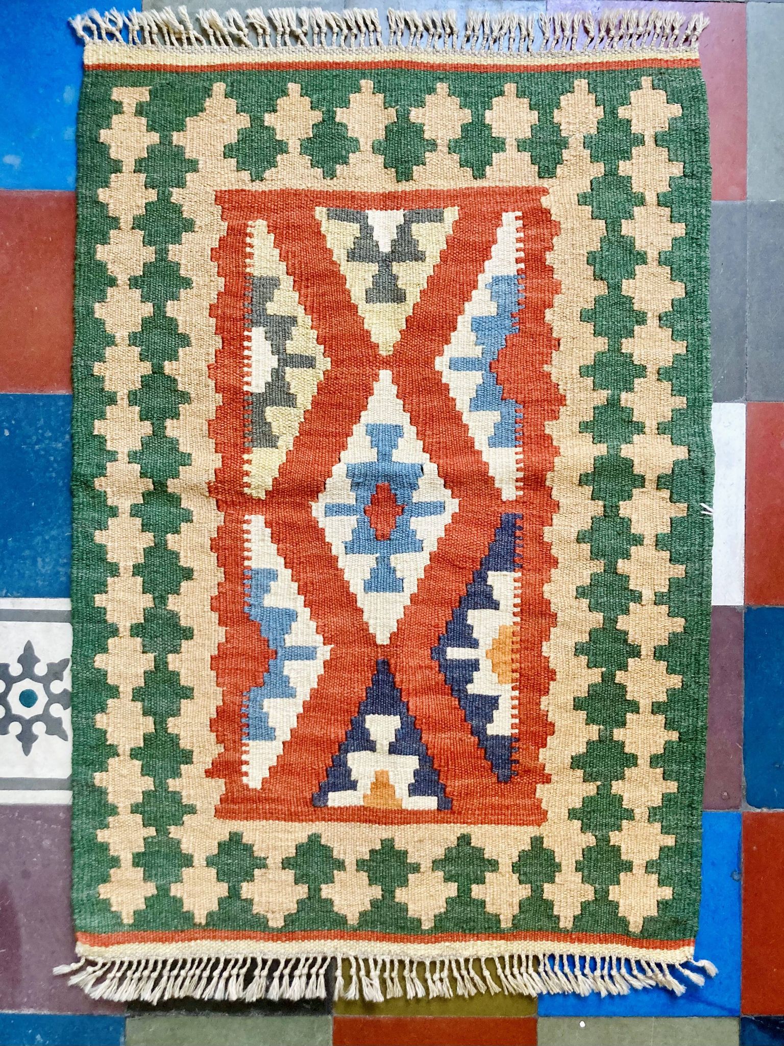 Kilim Shirazi in Green, terracotta and sky blue wool, handmade