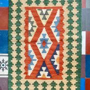 Kilim Shirazi in Green, terracotta and sky blue wool, handmade