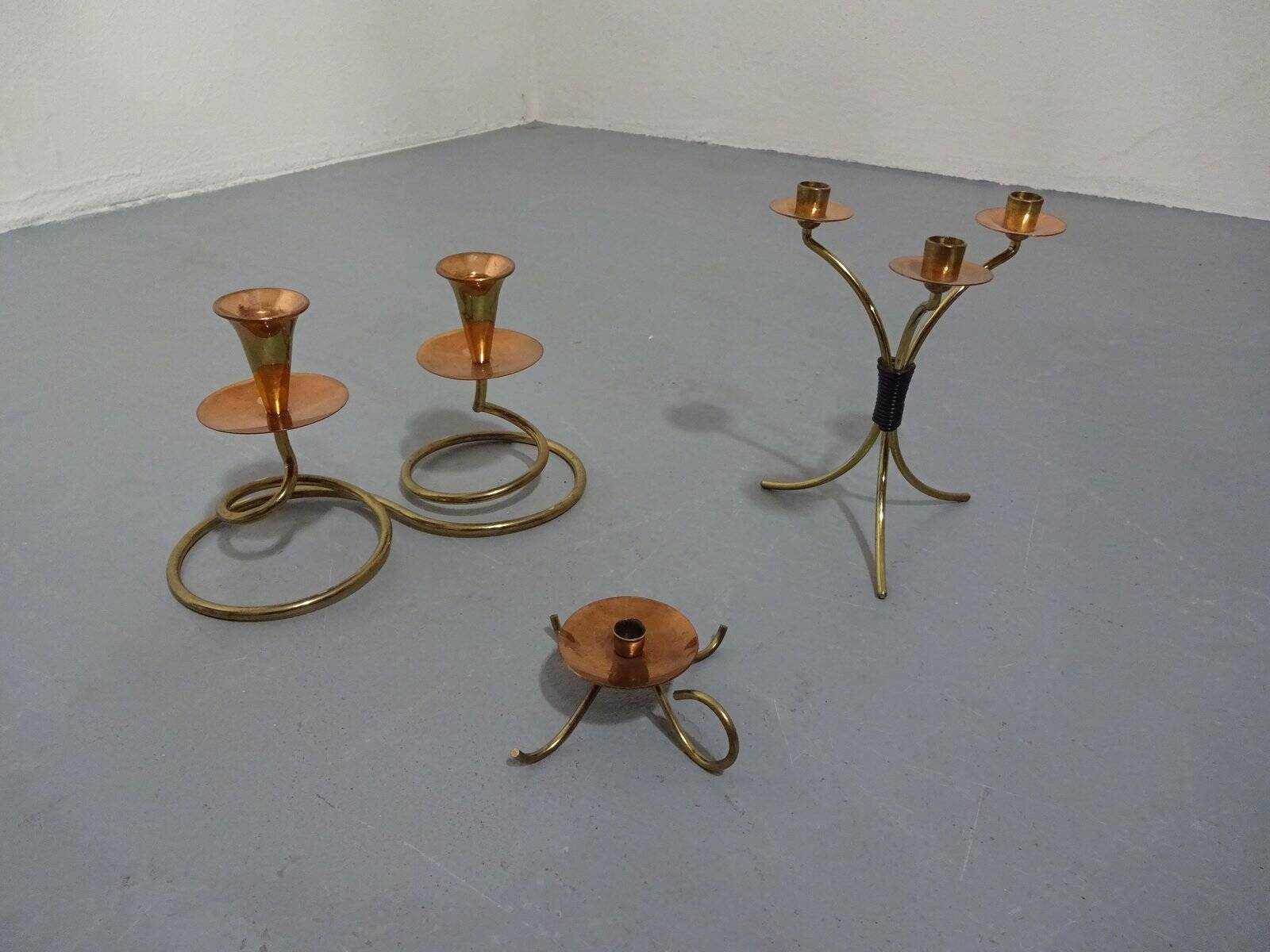 German filigree brass and copper candleholders, 1960s, set of 3