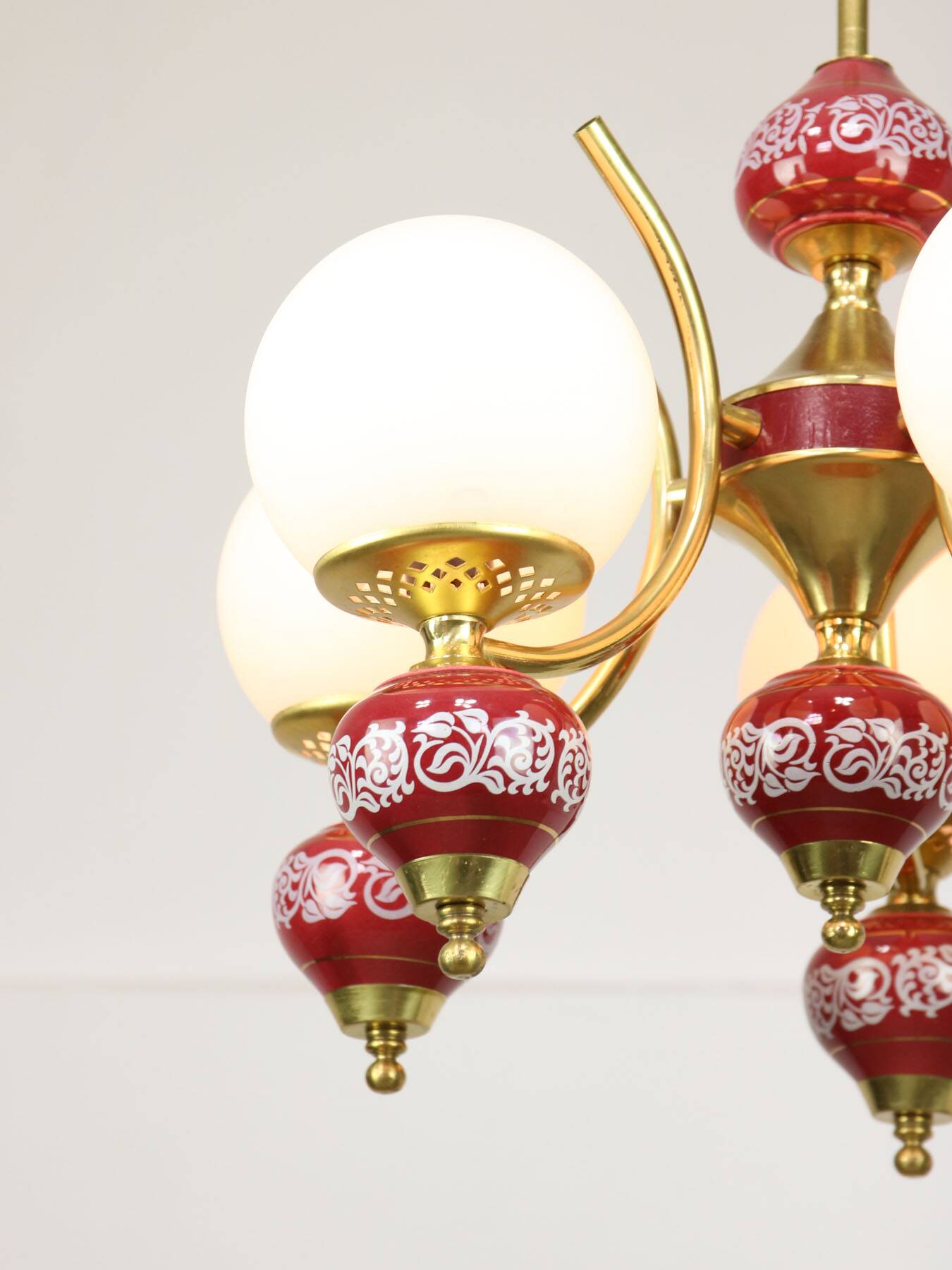 Mid-Century Italian Brass, Opaline & Ceramic Chandelier