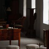 Pair of mid-century Danish oak stools with shearling lambswool upholstery, 1950s.
