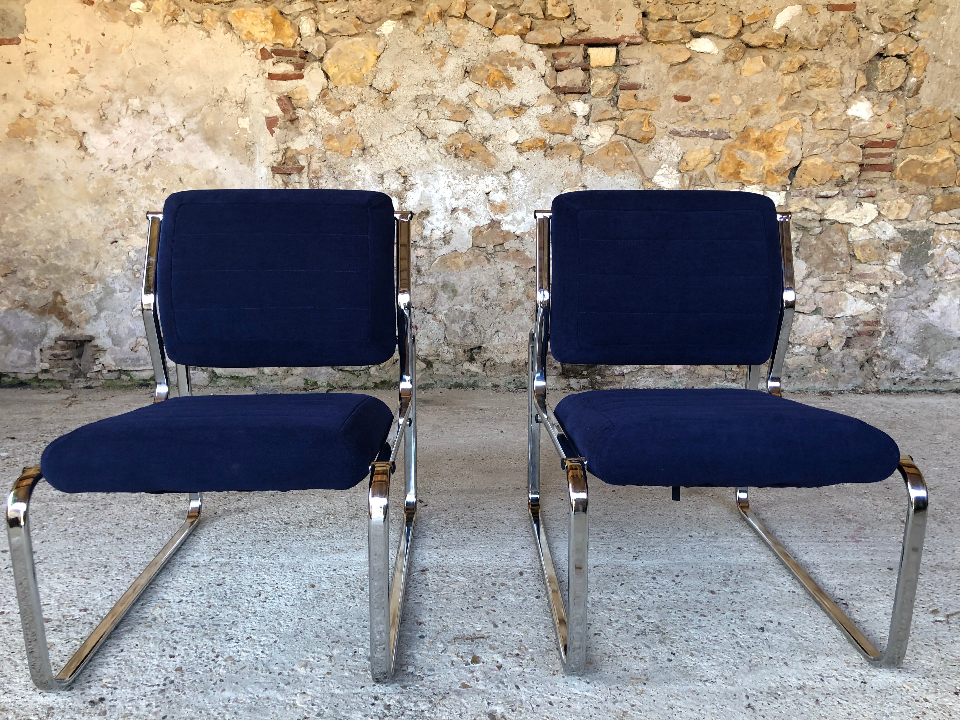 Pair of vintage chrome and blue microfibre armchairs circa 70